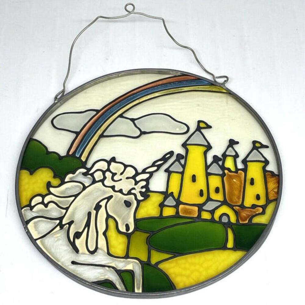 Vintage Stained Glass Unicorn Rainbow Castle Suncatcher 6.5" Window Hanging
